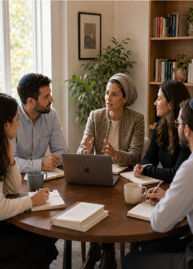 Diverse group of five people around a round wooden table in a cozy room, talking with notebooks, a laptop, and mugs nearby.