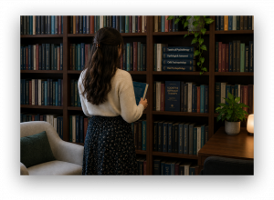 Woman standing with back to camera, in a cream sweater and floral skirt, selecting a blue book from a tall wooden bookshelf in a cozy library.