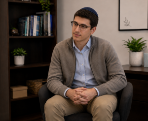 Man wearing a kippah sits in an armchair, hands folded, in a calm office during a consultation.