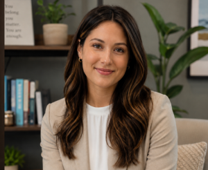 Professional headshot of a smiling woman with long brown hair, wearing a beige blazer and white blouse, in an office setting.