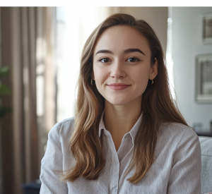 Portrait of a smiling young woman with long brown hair, wearing a light striped button-down shirt, indoors near a window.