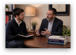 Two men wearing kippahs discuss therapy at a round table; one speaks with hand gestures, with books and a lamp visible nearby.