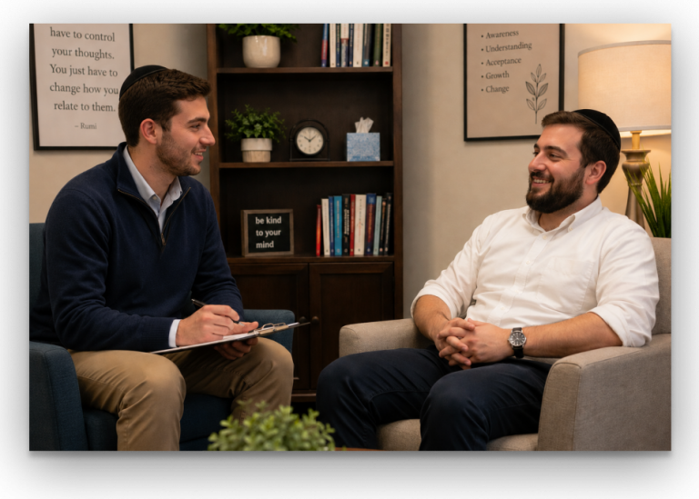 Two men sit in a cozy office, engaged in a friendly conversation; one takes notes on a clipboard while the other smiles and chats.